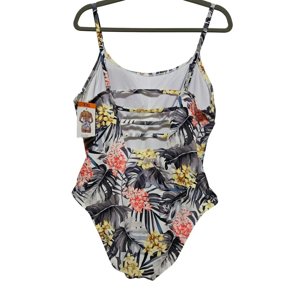 Hurley Women's Tropical Floral One‎ Piece Swimsuit Strappy Back White XXL